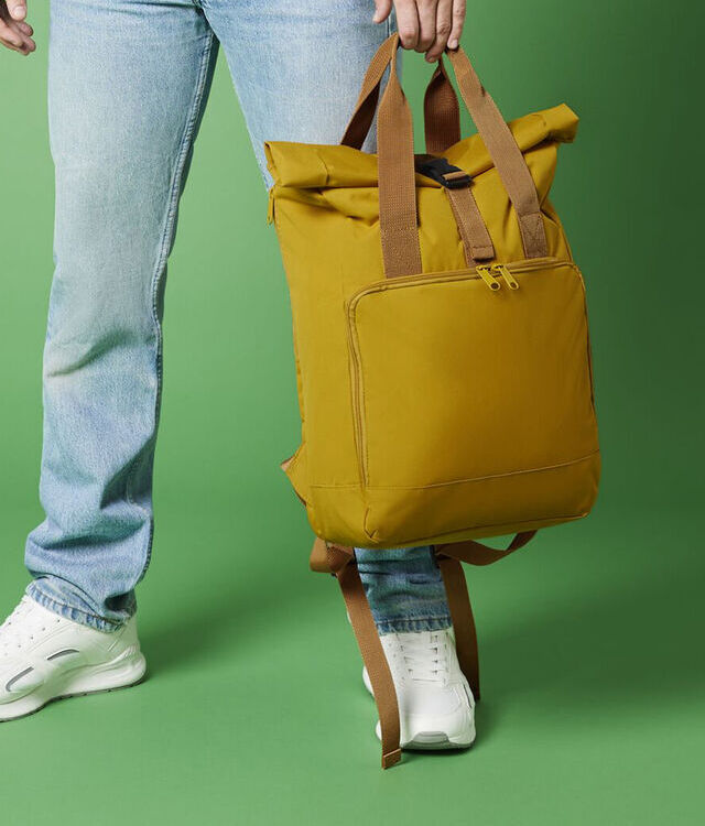 Recycled twin handle roll-top laptop backpack