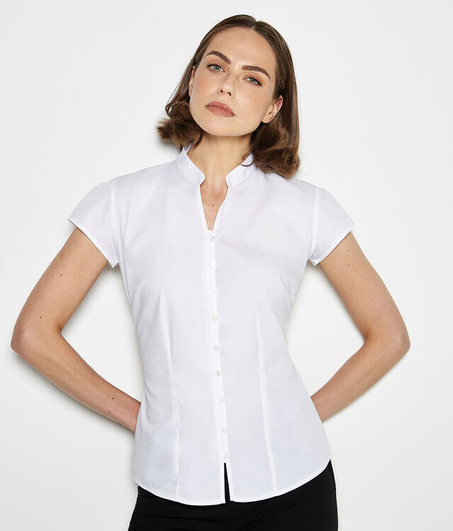 Women's continental blouse mandarin collar cap sleeve (tailored fit)