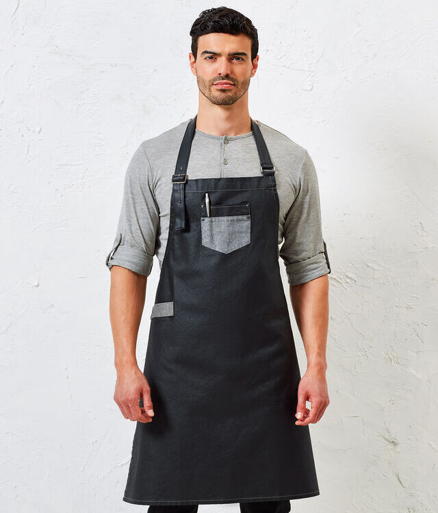 Division waxed-look denim bib apron with faux leather