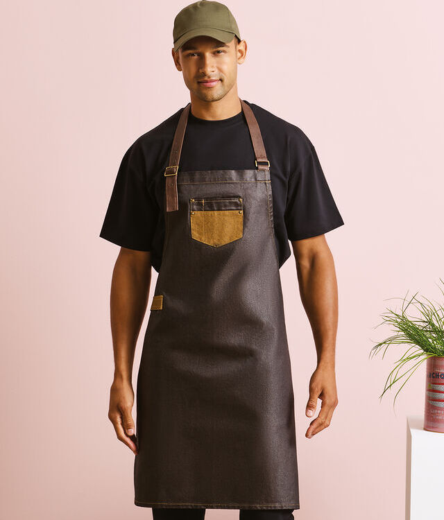 Division waxed-look denim bib apron with faux leather