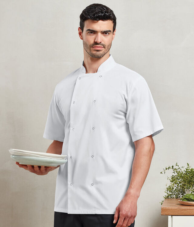 Studded front short sleeve chef's jacket
