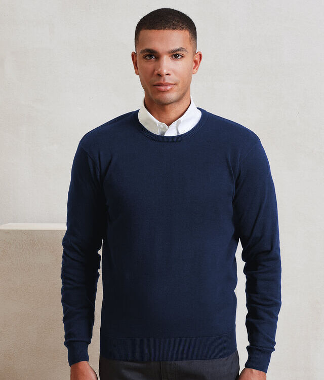 Crew neck cotton-rich knitted sweater