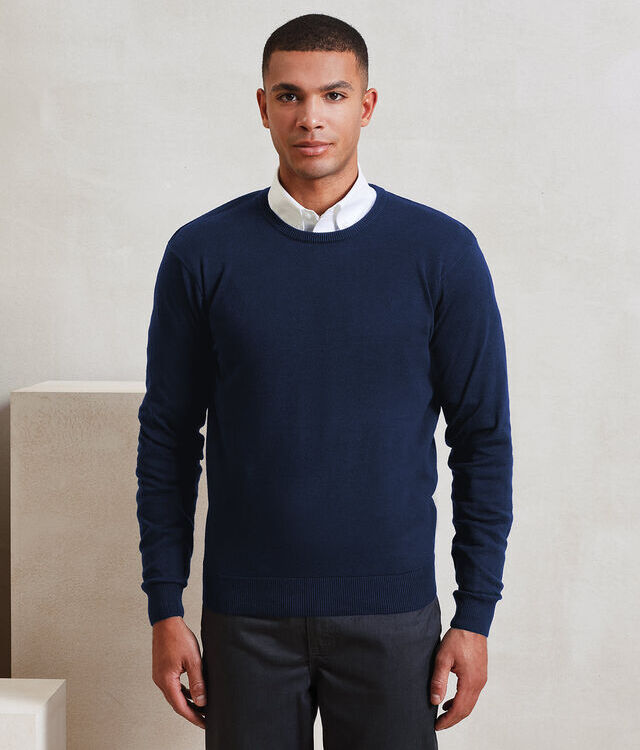 Crew neck cotton-rich knitted sweater